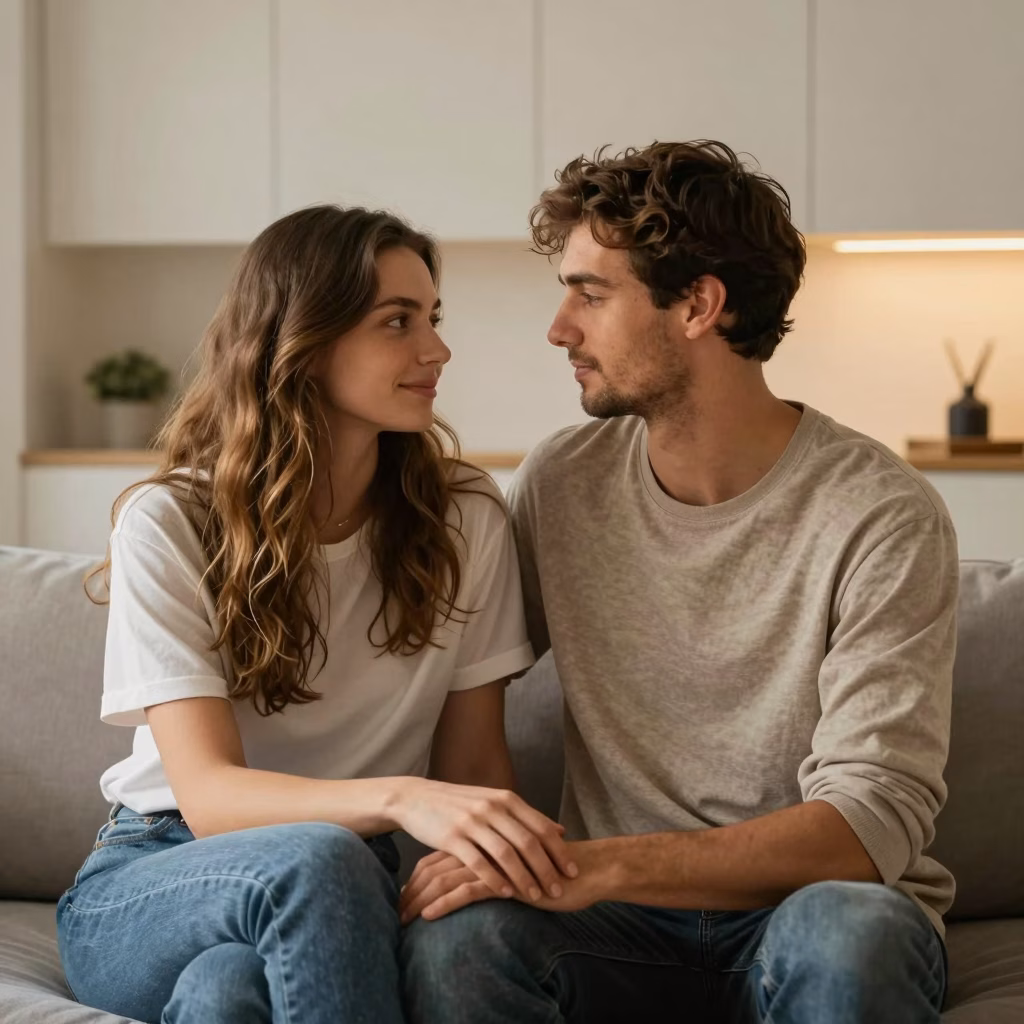 Couple partageant un moment de complicité et de confiance mutuelle dans un cadre intimiste