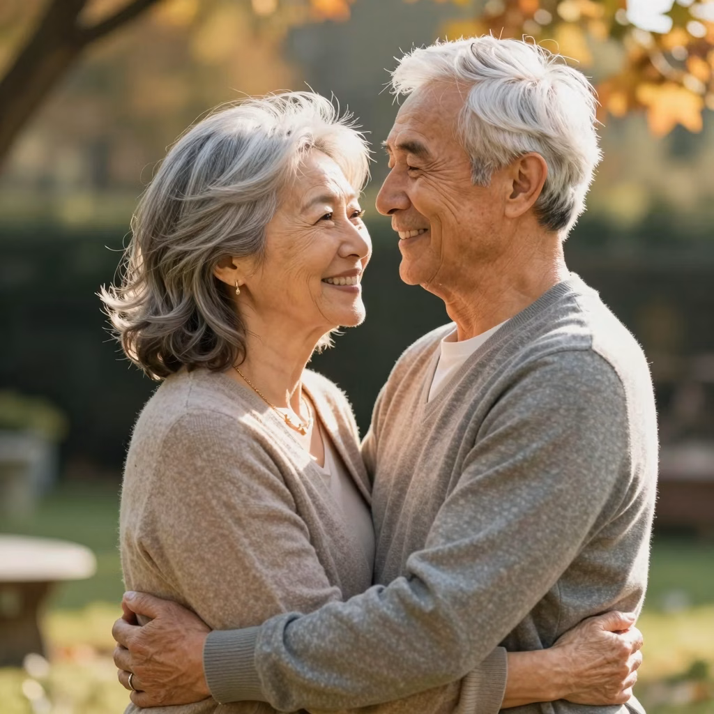 Couple mature heureux enlace dans un jardin ensoleille
