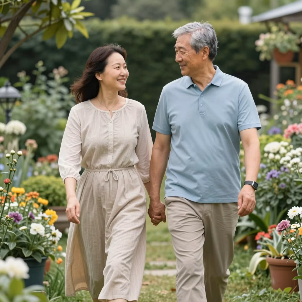 Couple mature se tenant par la main dans un jardin magnifique, ambiance romantique