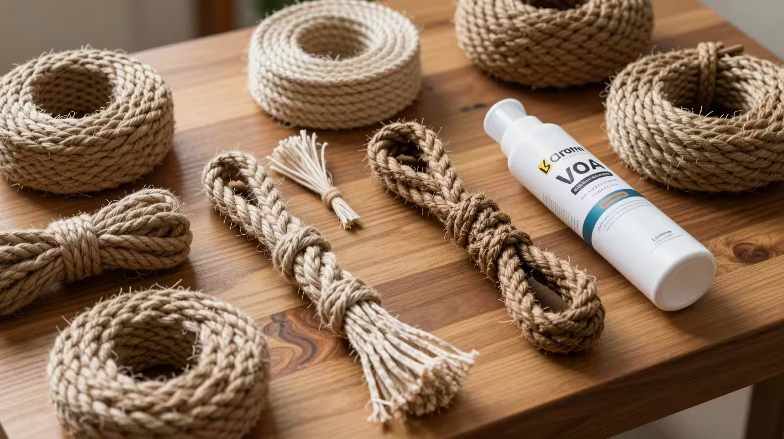 Différents types de cordes pour shibari sur surface en bois