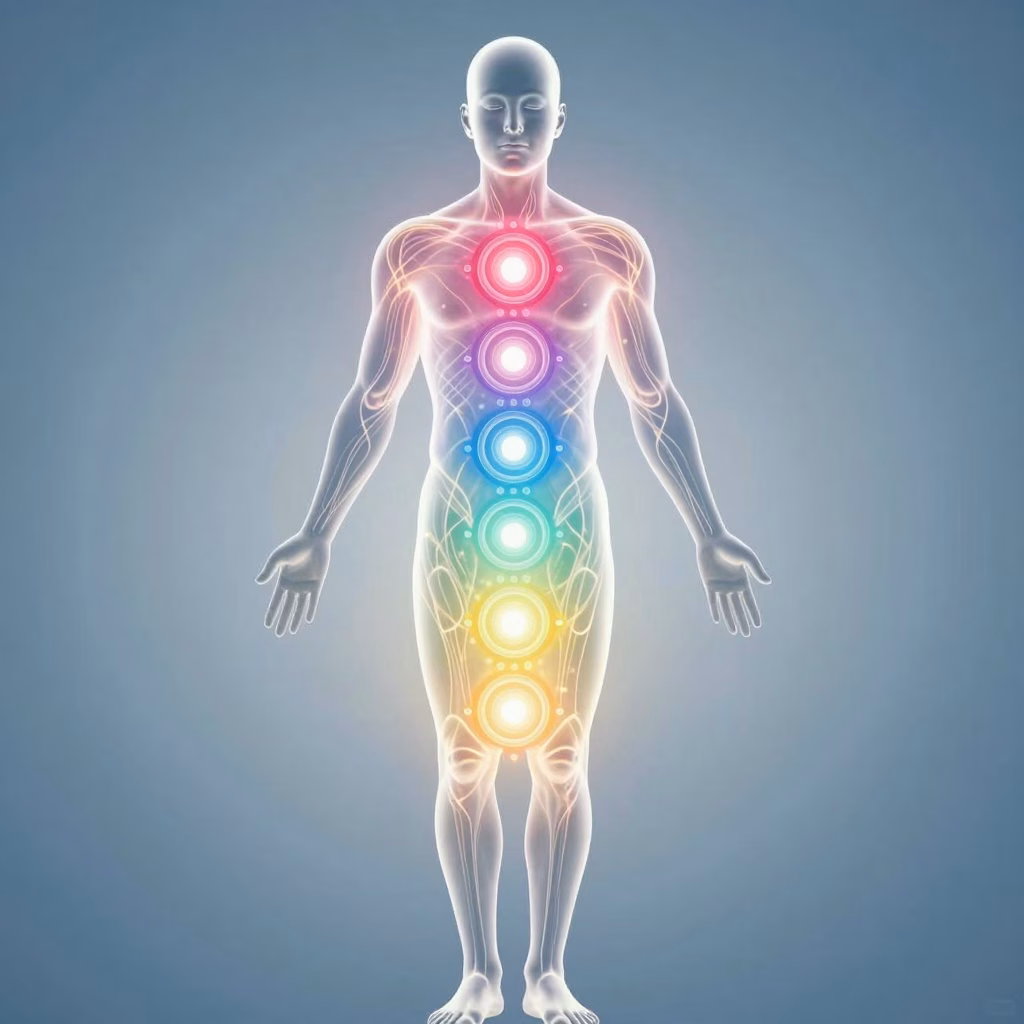 Visualisation abstraite de la circulation de l'énergie et de la vitalité dans le corps, avec des flux lumineux harmonieux
