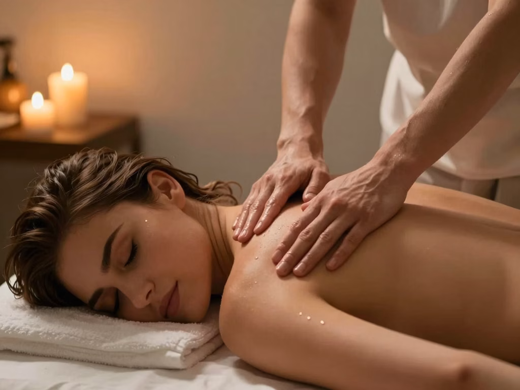 Couple réalisant un massage sensuel à la lumière des bougies pour explorer les zones érogènes